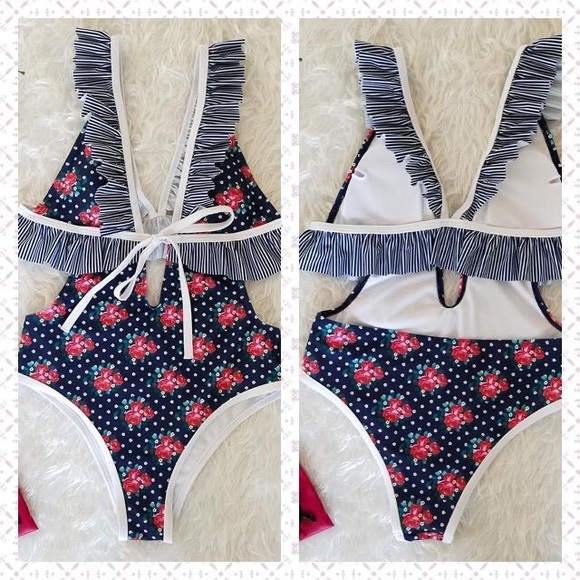 Floral Ruffle Blue One Piece Swimsuit - Picture 4 of 7